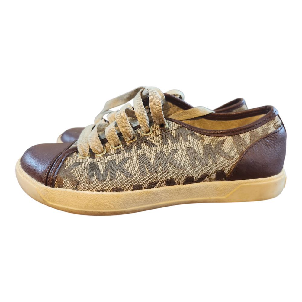 Michael Kors city sneaker leather canvas sz 6 MK signature logo allover brown